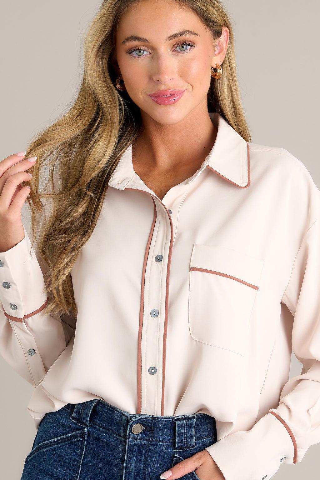 Opulent Occasion Ecru Beige Button Front Top Product Image