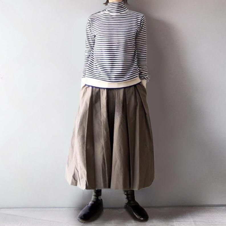 Set: Long Sleeve Turtleneck Striped Top + Elastic Waist Plain Pleated Maxi A-Line Skirt Product Image