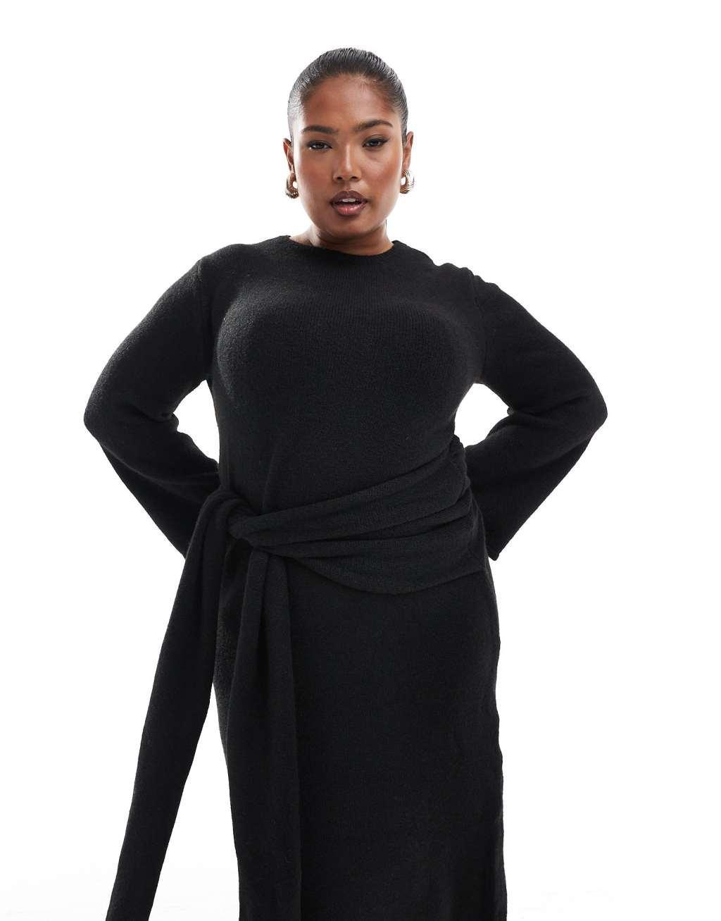 4th & Reckless Plus exclusive knitted drape tie waist midi sweater dress in black Product Image