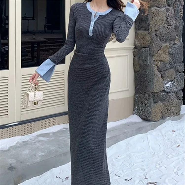 Mock Two-Piece Long-Sleeve Two-Tone Ribbed Midi Knit Dress Product Image