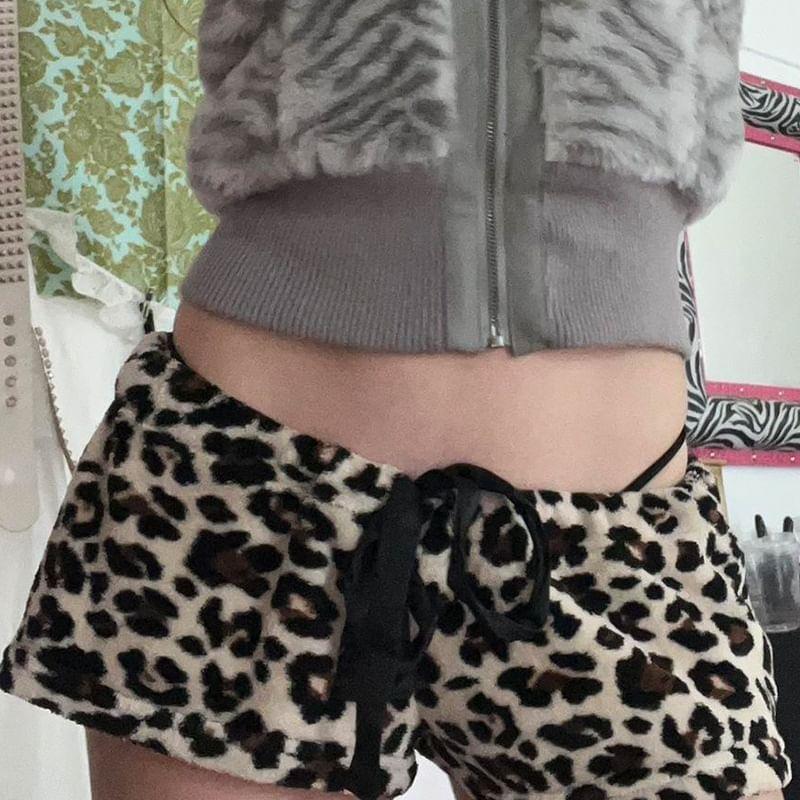 Low Waist Leopard Print Furry Mini Shorts product image