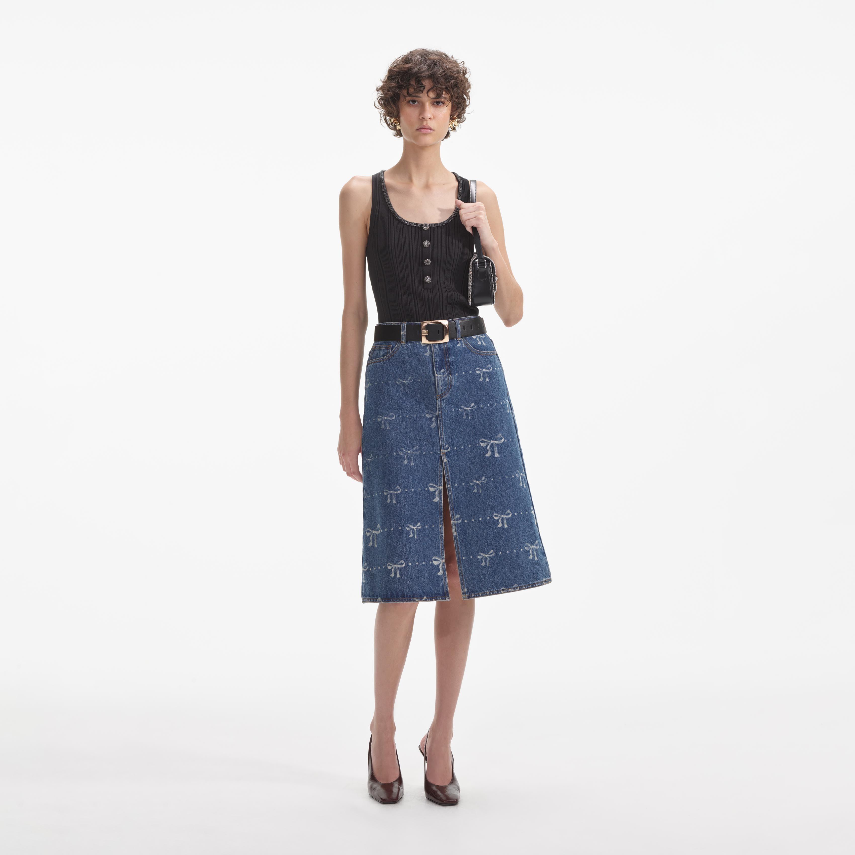 Bow Print Denim Midi Skirt product image