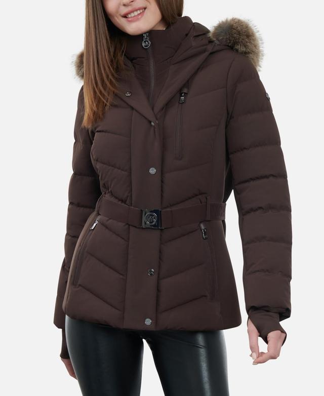 Michael Michael Kors Womens Belted Faux-Fur-Trim Hooded Puffer Coat Product Image