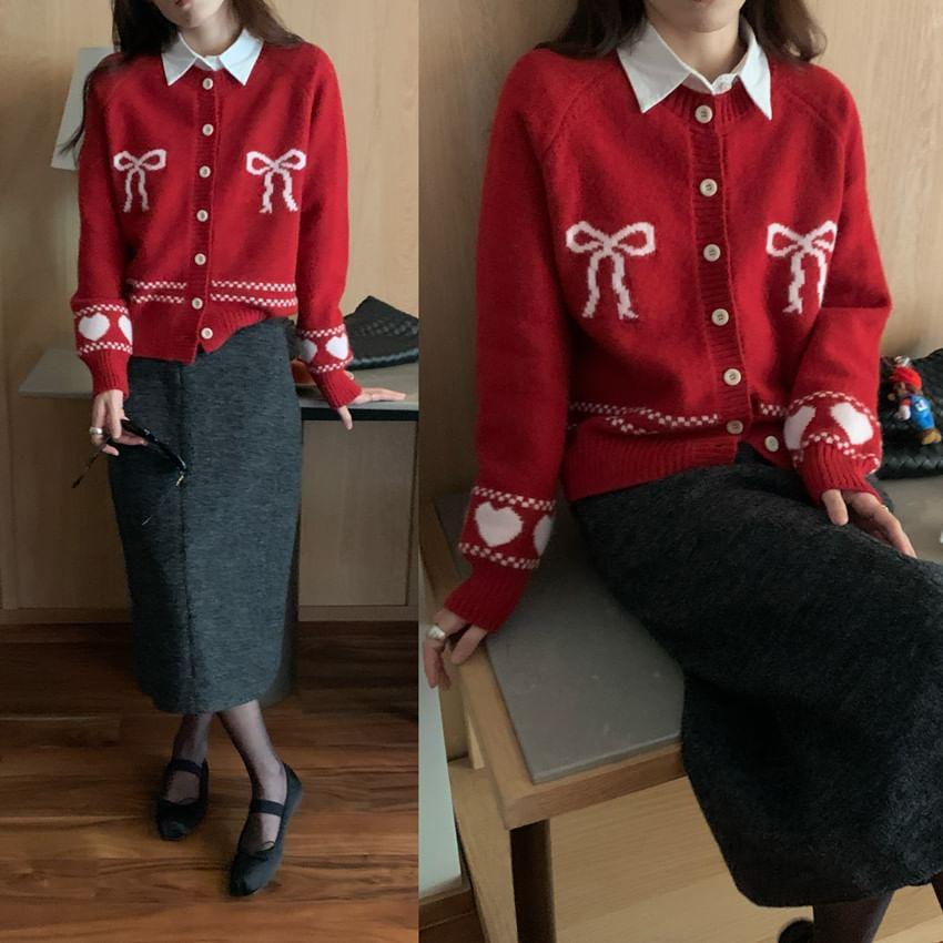 Round Neck Bow Jacquard Cardigan Product Image