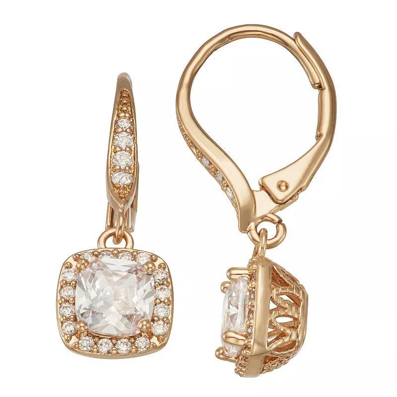 Napier Gold Tone Cubic Zirconia Square Halo Drop Earrings, Womens, Clear Product Image