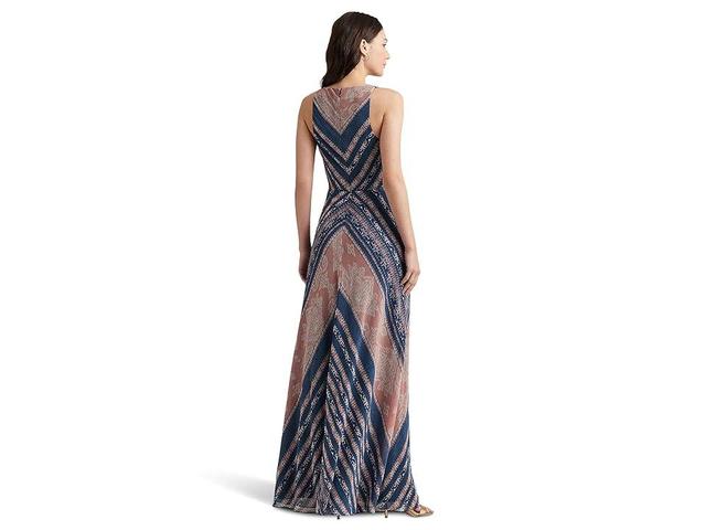 LAUREN Ralph Lauren Print Twist-Front Georgette Gown Pink/Cream) Women's Dress Product Image