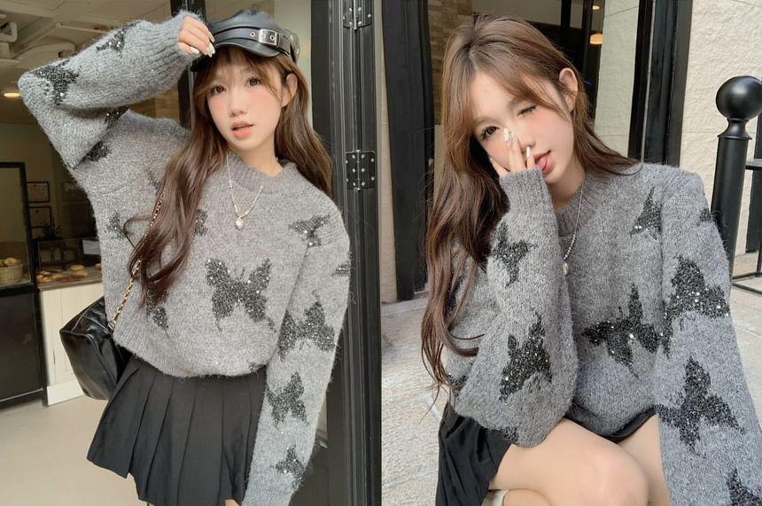 Drop Shoulder Crew Neck Embroidered Butterfly Oversized Sweater Product Image