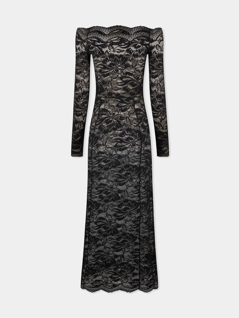 Long Black lace dress with bardot collar Product Image