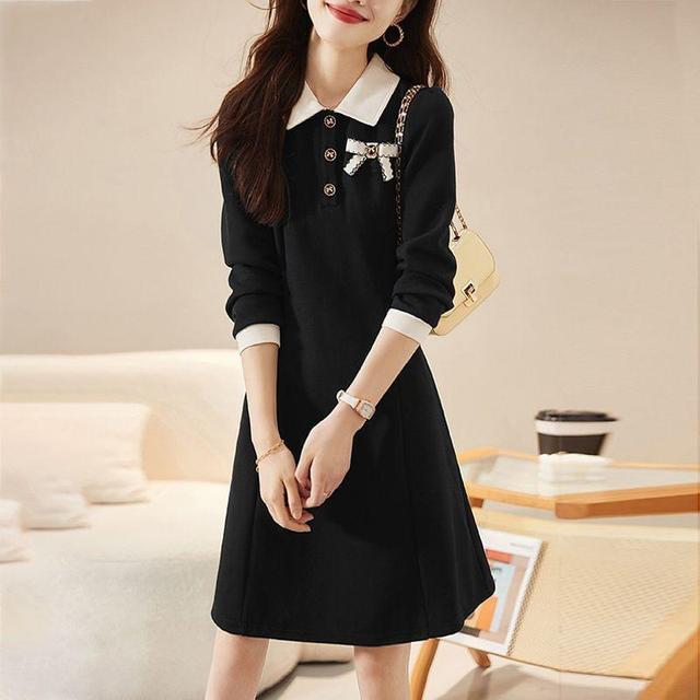 Long-Sleeve Collar Henley Two Tone A-Line Dress Product Image