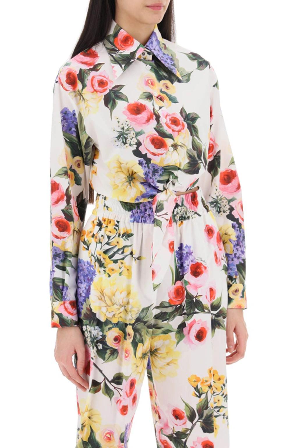 DOLCE & GABBANA Floral Print Cropped Poplin Shirt With Front Tie In Giardino Bianco product image