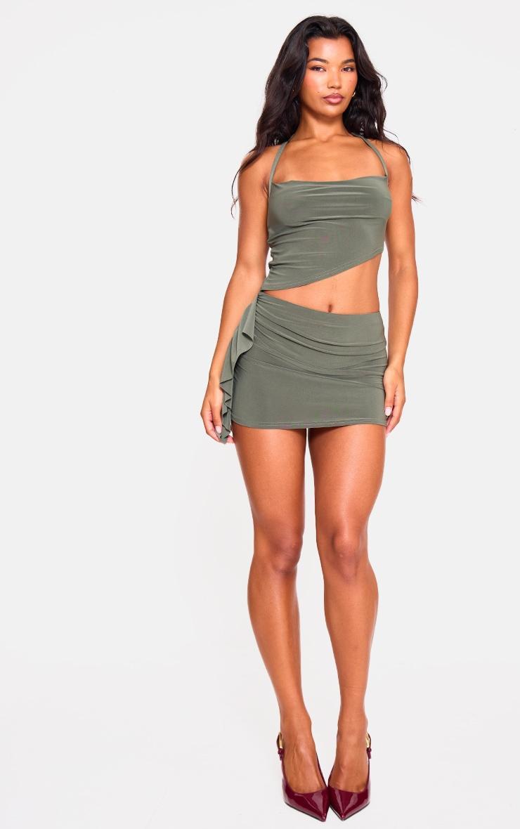 Khaki Ruched Drape Low Rise Micro Mini Skirt Product Image