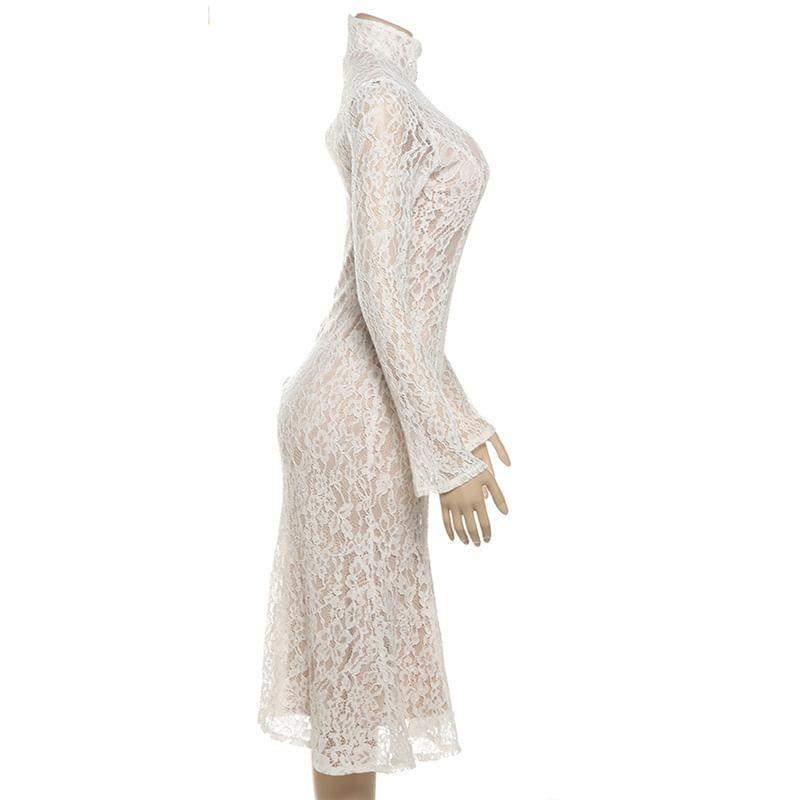 Long Sleeve Mock Neck Lace Overlay Midi Mermaid Dress Product Image