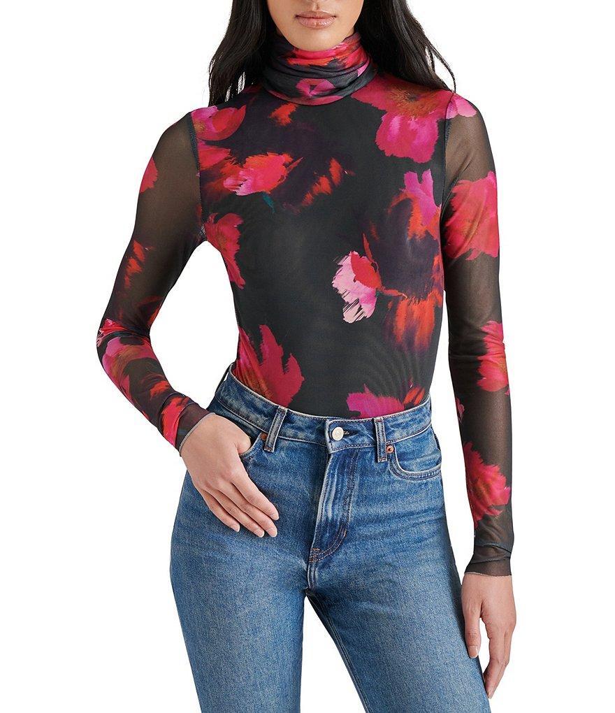 Steve Madden Luella Mesh Floral Print Turtleneck Long Sleeve Bodysuit Product Image