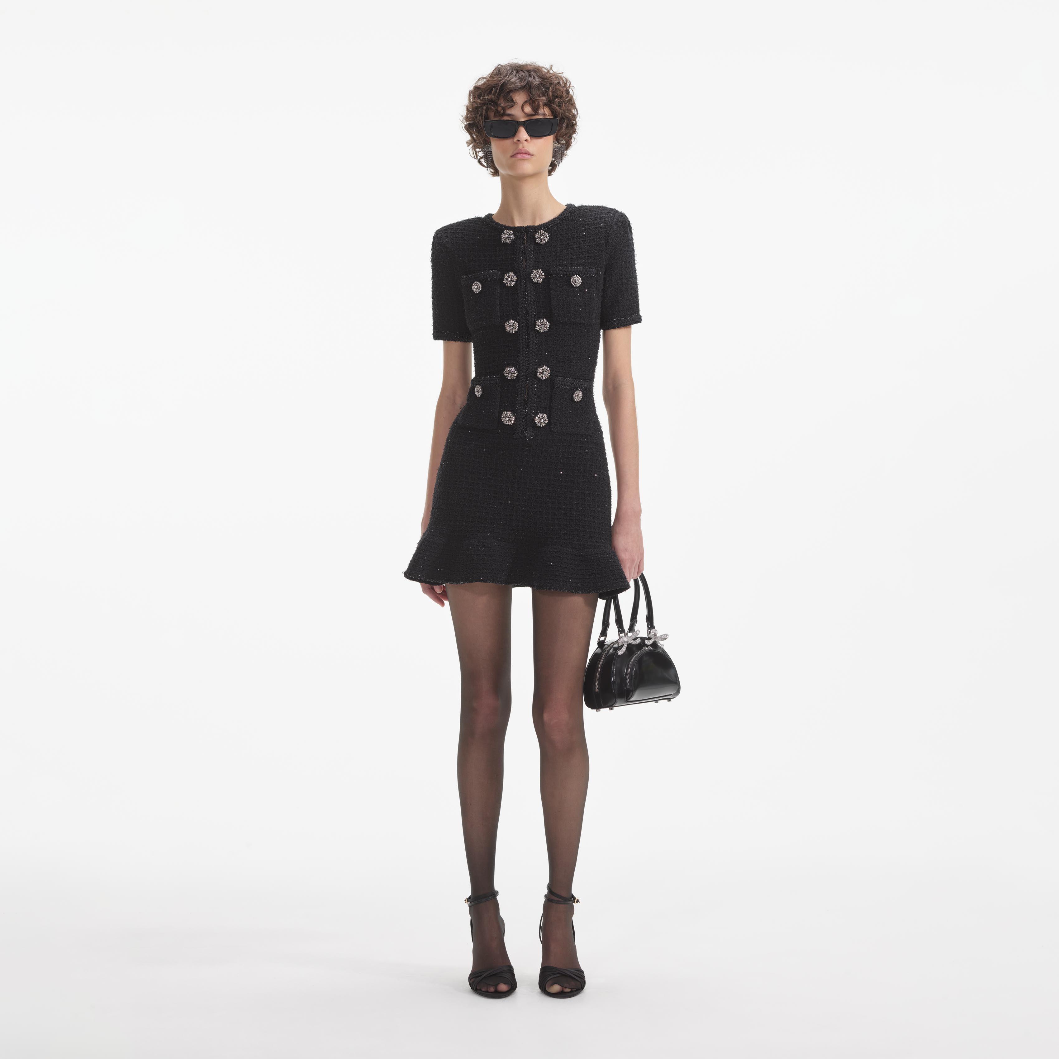 Black Buttoned Knit Mini Dress Product Image