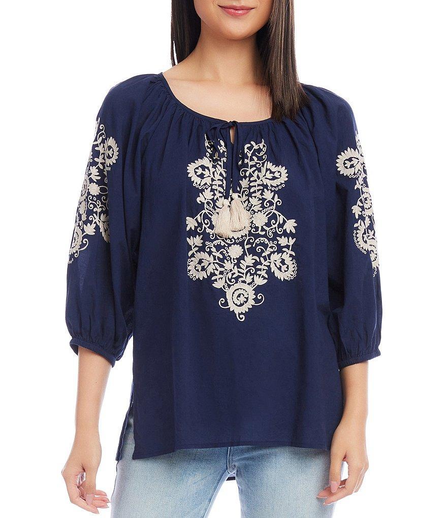 Karen Kane Embroidered Scoop Neck 3/4 Puff Sleeve Tunic Product Image