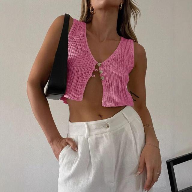 V-Neck Plain Crop Sweater Vest Product Image