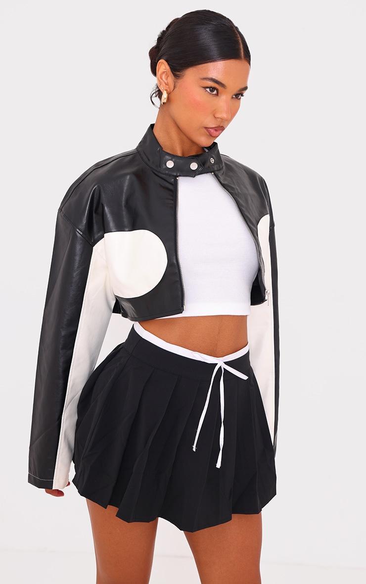 Monochrome Faux Leather Contrast Panel Cropped Jacket Product Image