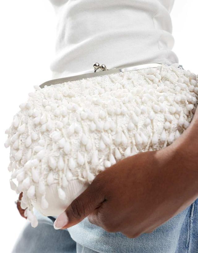 True Decadence beaded pouch clutch bag in white Product Image