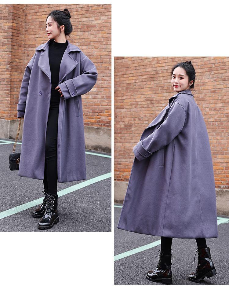 Lapel Collar Plain Double Breasted Long Coat Product Image