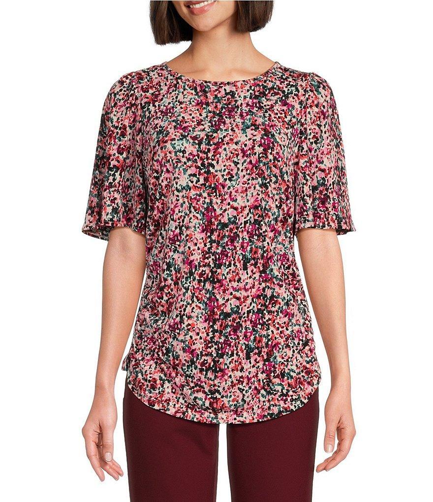 Investments Ditsy Garden Print Crew Neck Flare Short Sleeve Ruched Top Product Image