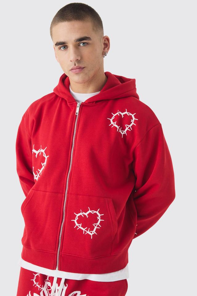 Oversized Boxy Zip Through Heart Print Zip Through Hoodie | boohooMAN USA Product Image