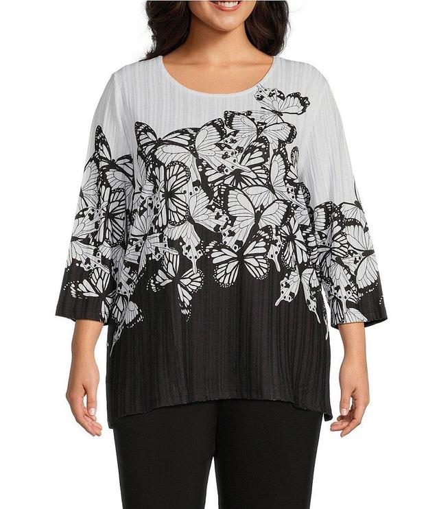 Allison Daley Plus Size Butterfly Dance Print 3/4 Sleeve Crew Neck Embellished Rib Knit Top Product Image