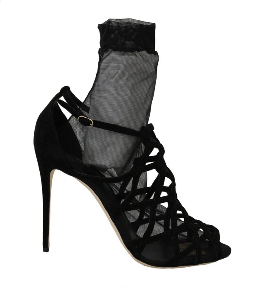 DOLCE & GABBANA Black Suede Tulle Ankle Boots Sandal Shoes product image