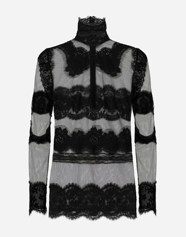 Lace-panelled High-neck Top In Black Product Image