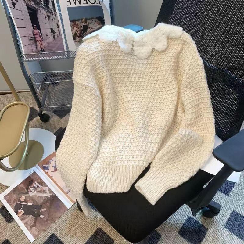 Long-Sleeve Scallop Edge Collar Plain Bow Sweater Product Image