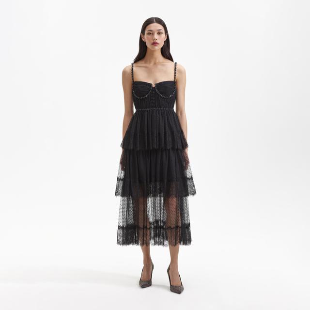 Black Dot Mesh Tier Midi Dress Product Image