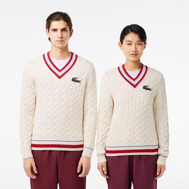 Cotton Cable Knit V Neck Sweater Product Image