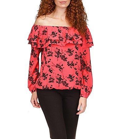 MICAHEL Michael Kors Floral Print Off-the-Shoulder Ruffle Front Elastic Cuff Blouse Product Image