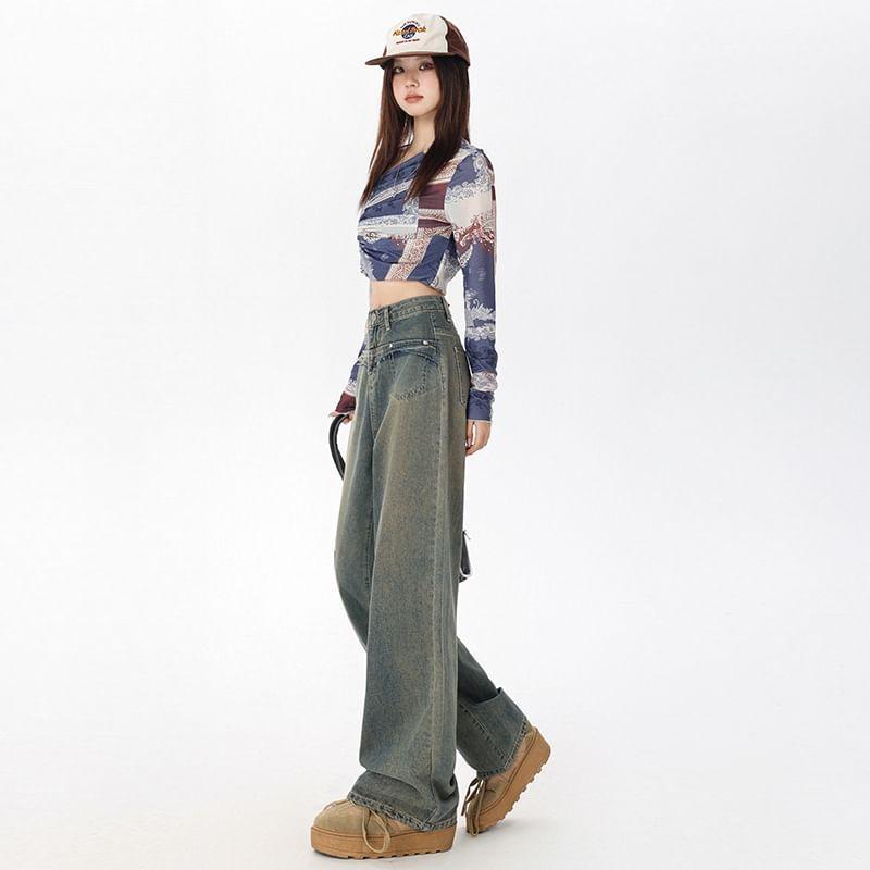 Mid Waist Washed Wide Leg Jeans (Various Designs) Product Image