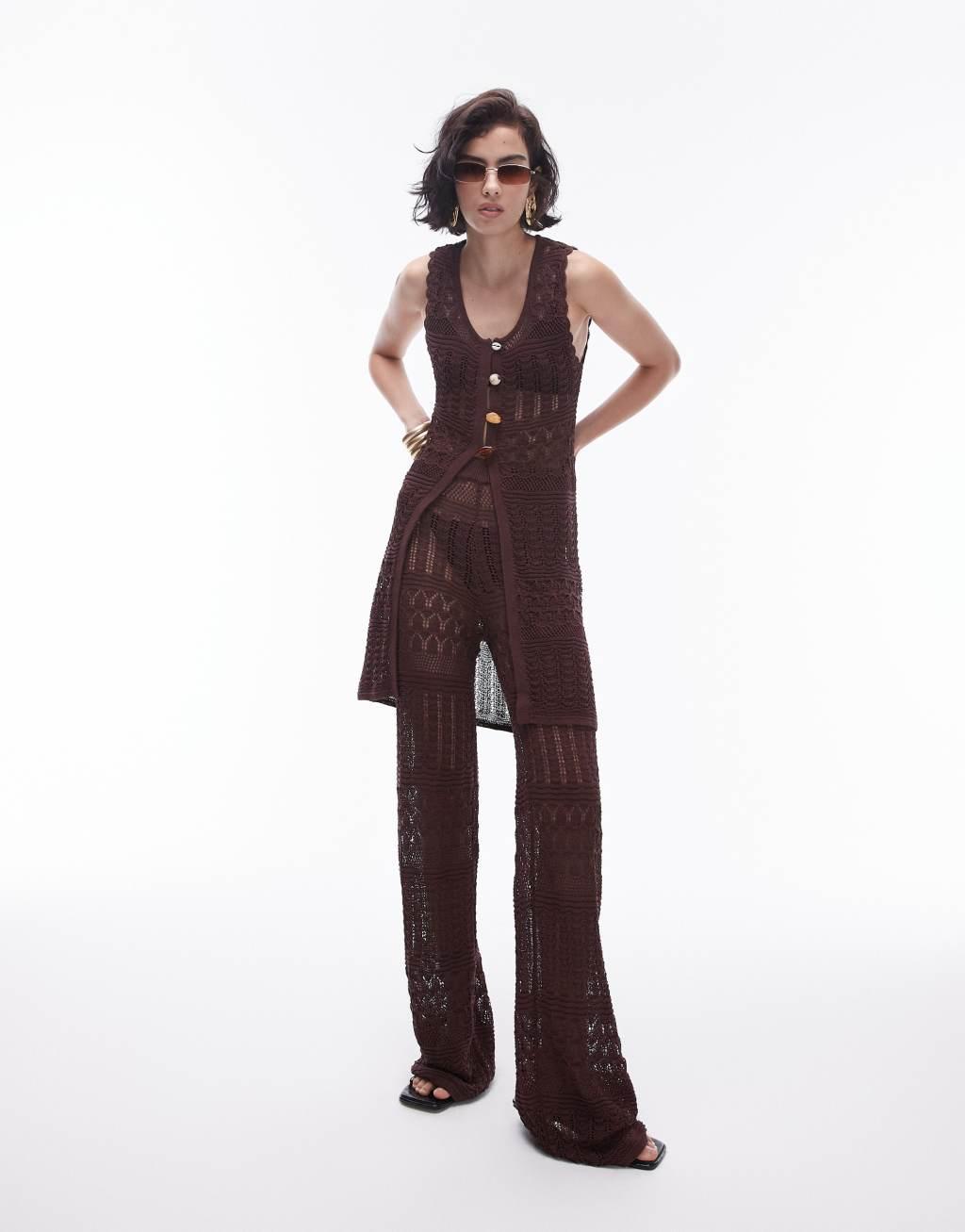 Topshop knit longline beach pants in chocolate - part of a set Product Image