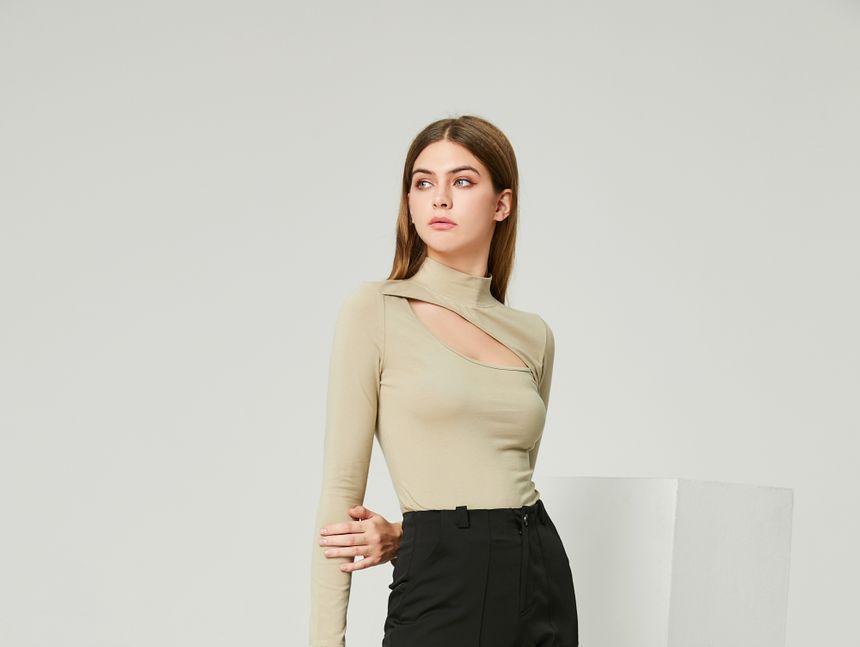 Eco-Friendly Long-Sleeve Mock-Neck  Cutout Top Product Image