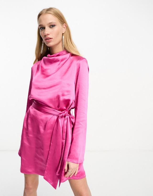 Pretty Lavish Jayda tie waist satin mini dress in pink Product Image