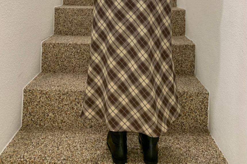 High Rise Plaid Midi A-Line Skirt Product Image