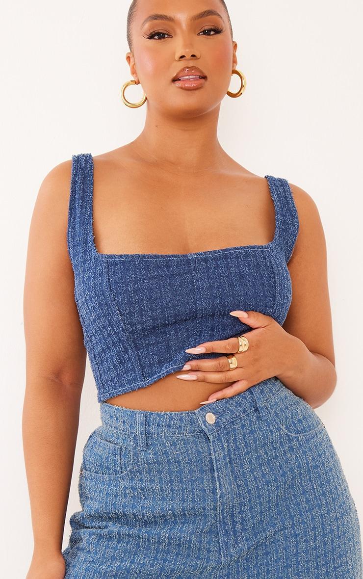 Plus Blue Textured Corset Denim Top Product Image