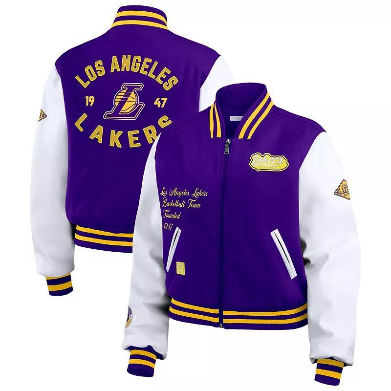 Womens WEAR by Erin Andrews /White Los Angeles Lakers Cropped Varsity Full-Zip Jacket Product Image