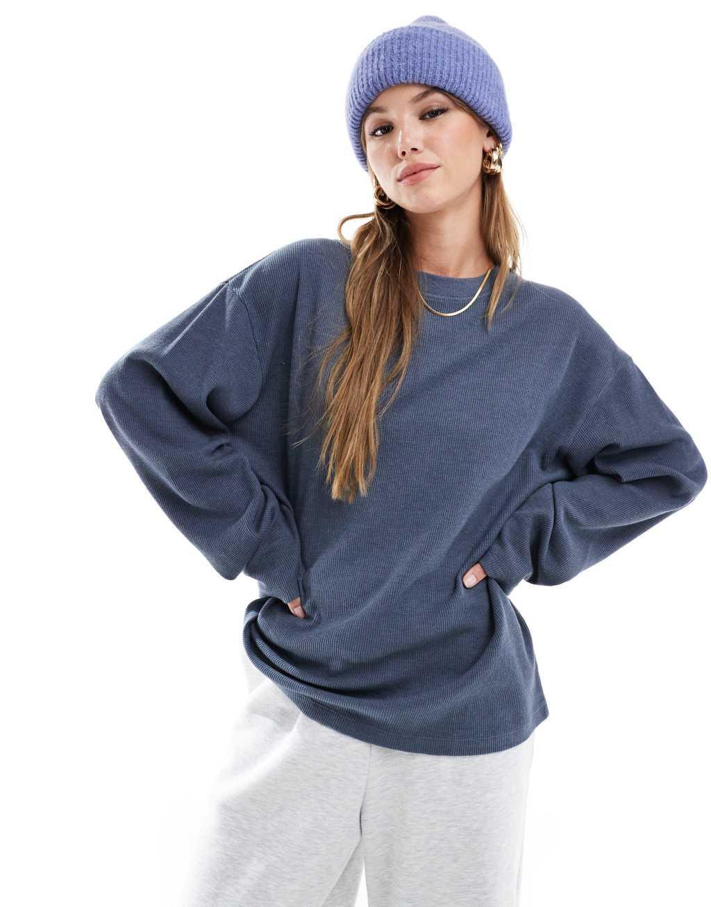 ASOS DESIGN oversized long sleeve t-shirt in waffle washed blue Product Image