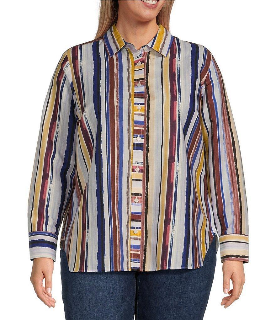 Foxcroft Plus Size Meghan Cotton Poplin Watercolor Stripe Point Collar Long Sleeve Button Front Shirt Product Image