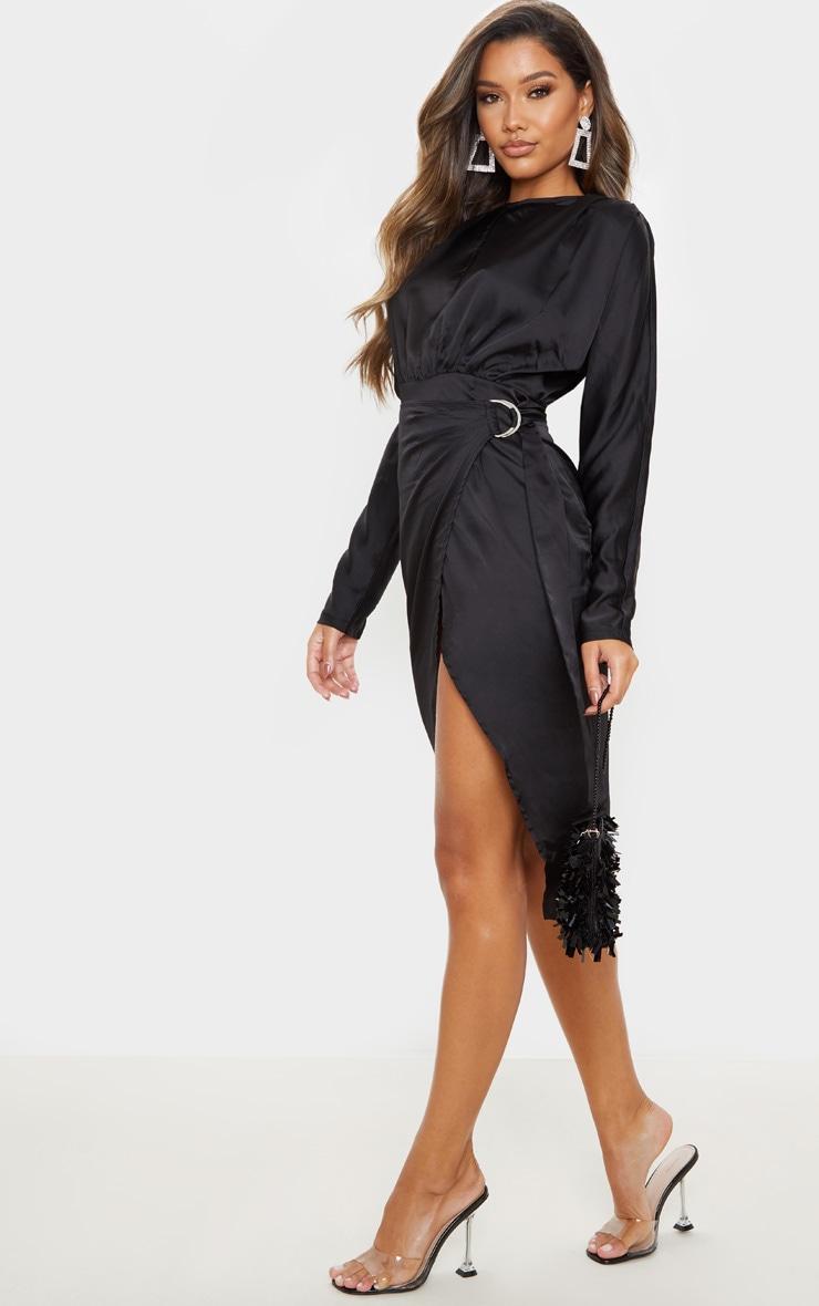 Black Satin Wrap Skirt Backless Midi Dress Product Image