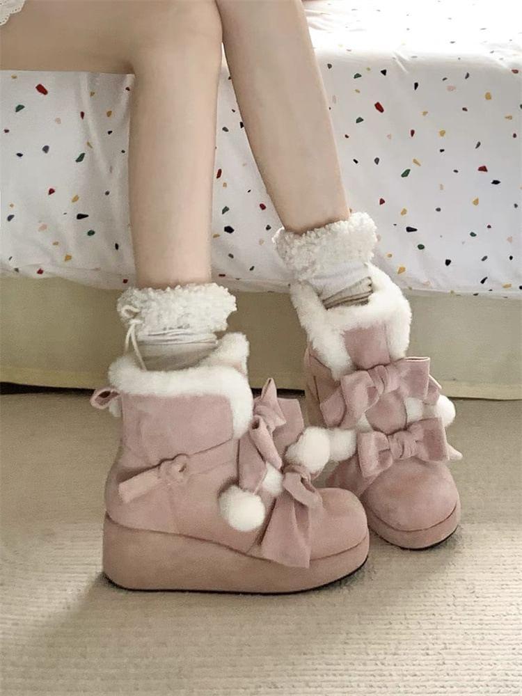 Platform Bow Pom Pom Heart Buckled Fleece-Lined Short Boots Product Image