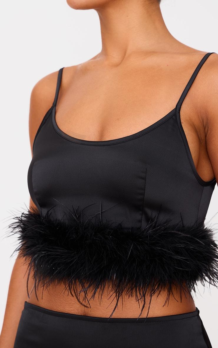 Black Textured Satin Feather Trim Strappy Top Product Image