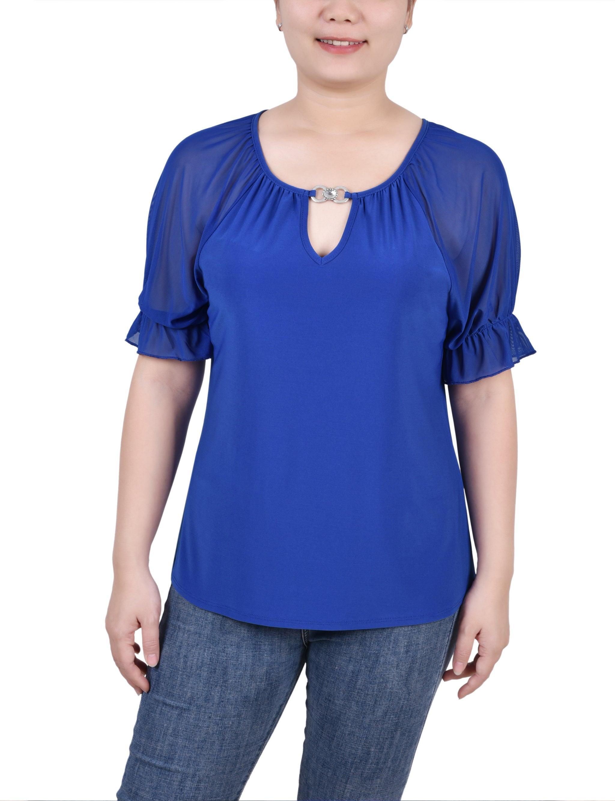 Short Ruffle Sleeve Top With Rhinestones - Petite Product Image