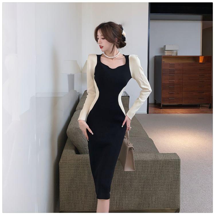 Long-Sleeve Two Tone Midi Sheath Knit Dress Product Image