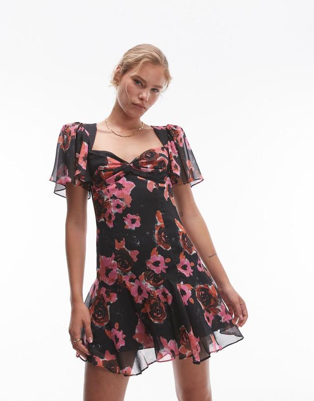 Topshop twist mini tea dress in black and pink floral Product Image