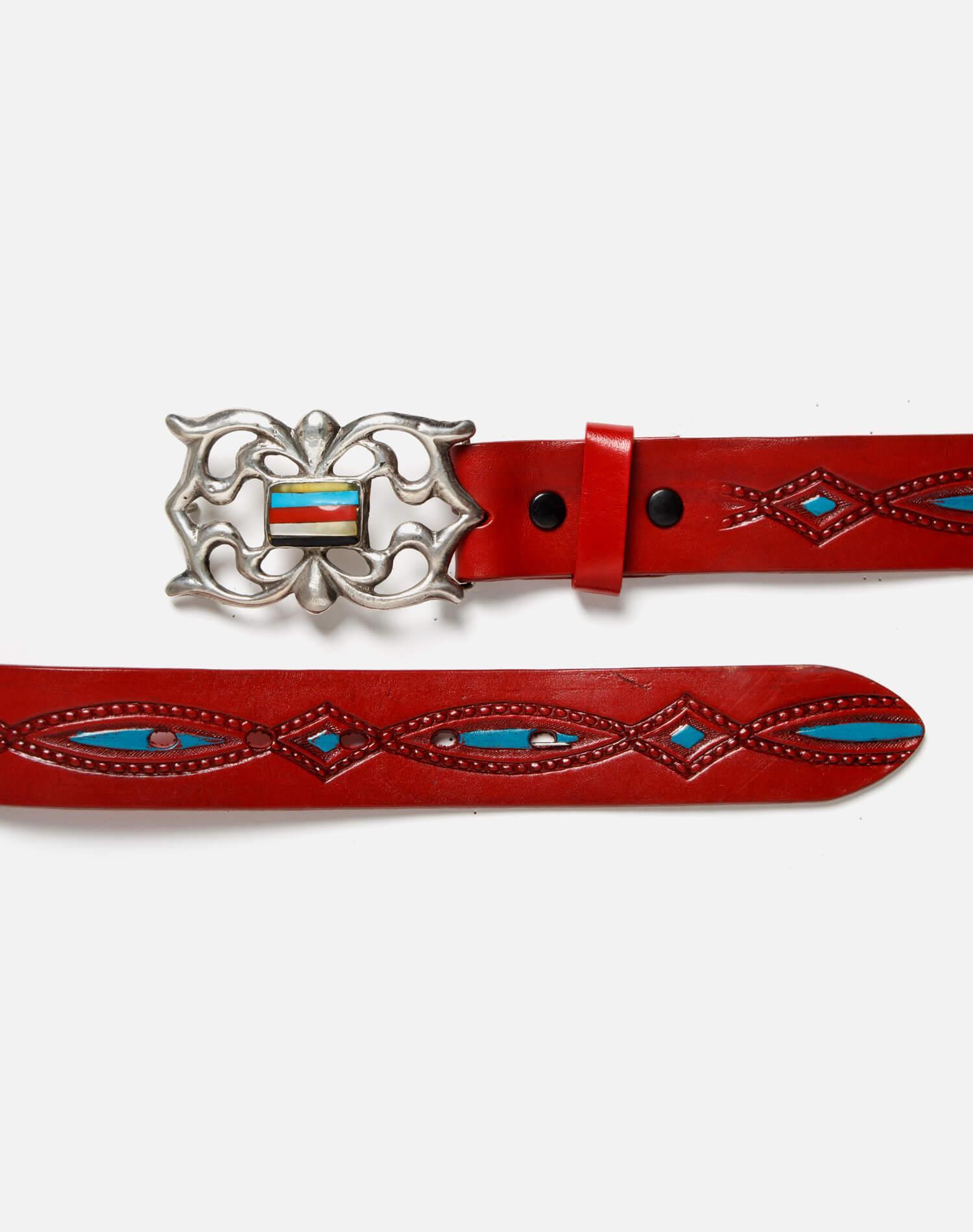 70s Embossed Painted Belt with Sterling Zuni Buckle Female Product Image