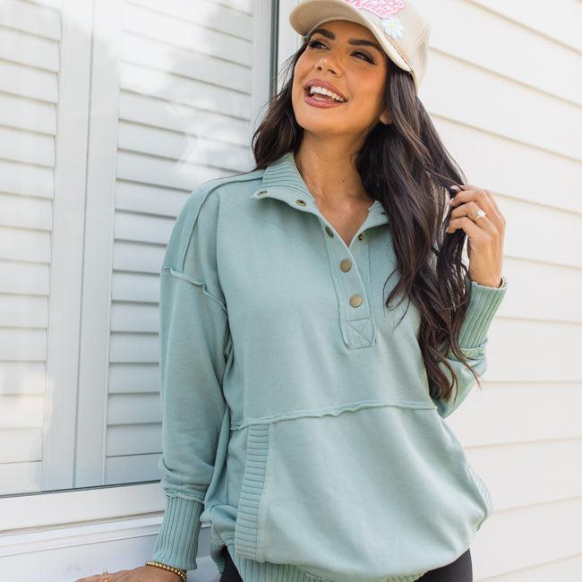 Just Go With It Olive Oversized Henley Pullover Product Image