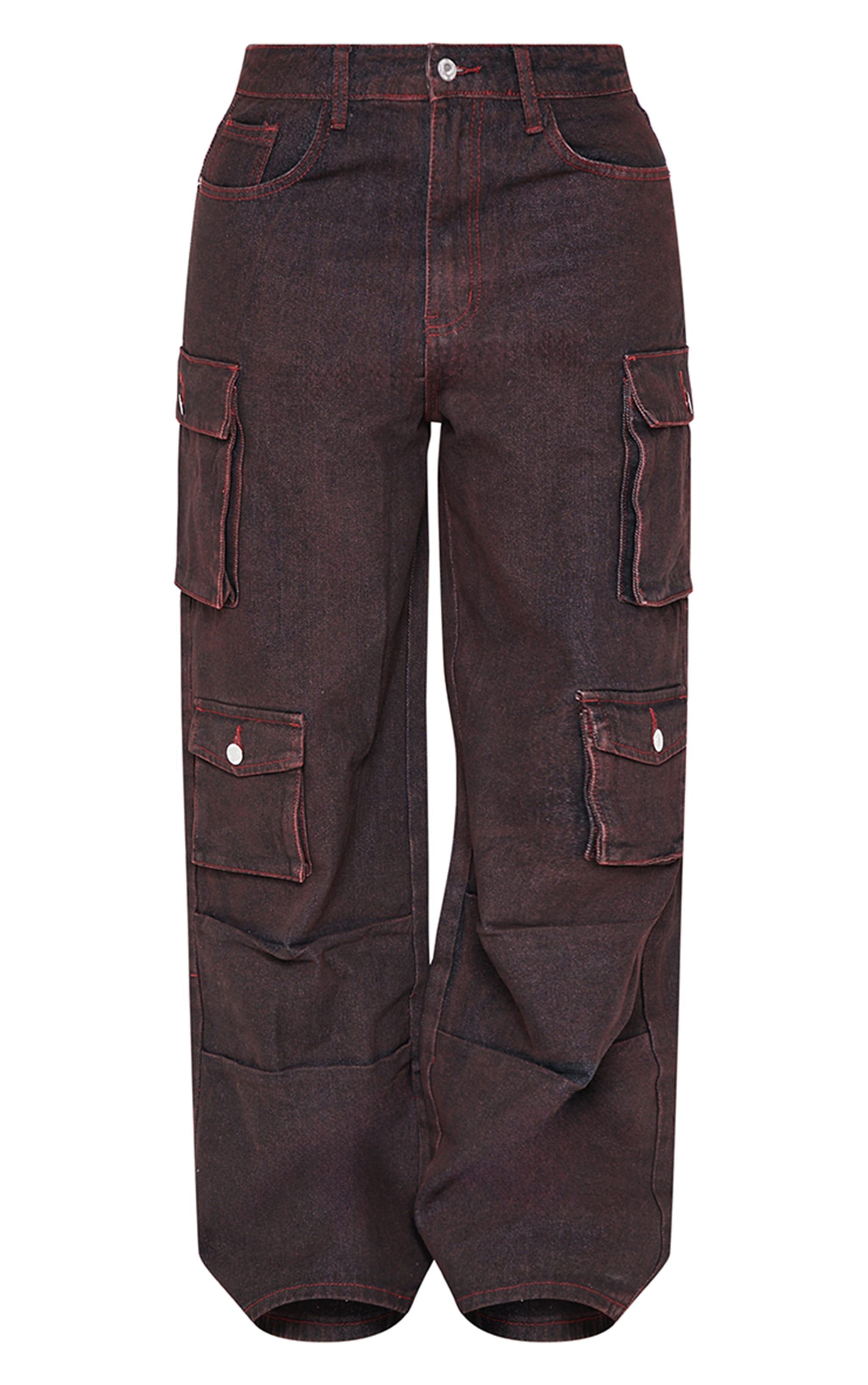 Shape Burgundy Wash Denim Pocket Detail Cargo Jeans Product Image